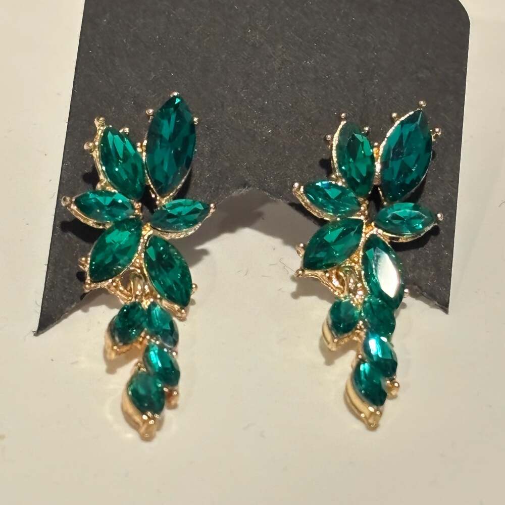 Emerald Green Marquise Crystal Flower Burst Dangle Post Earrings